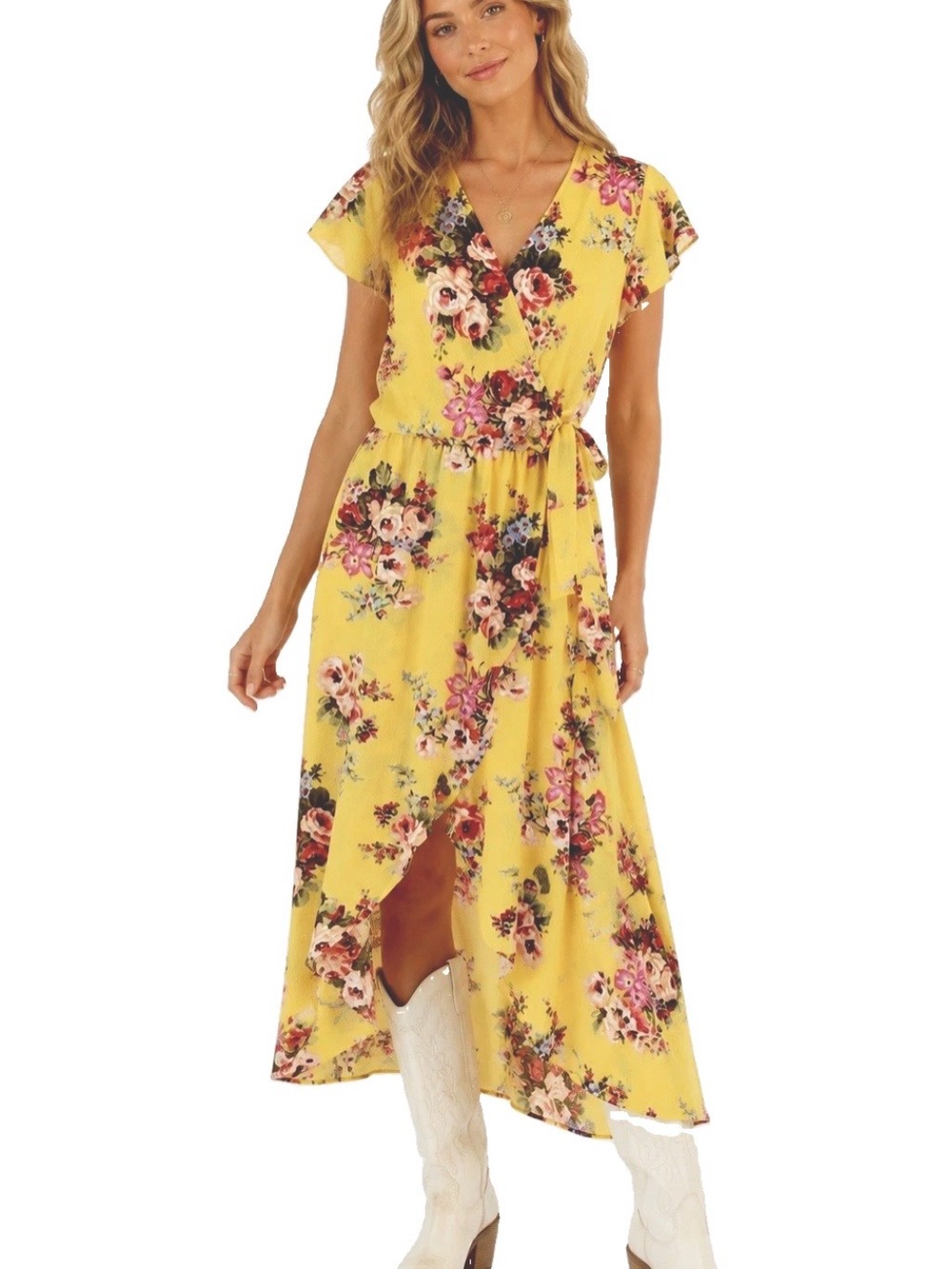 Scobe Yellow Boho Floral Wrap Dress
